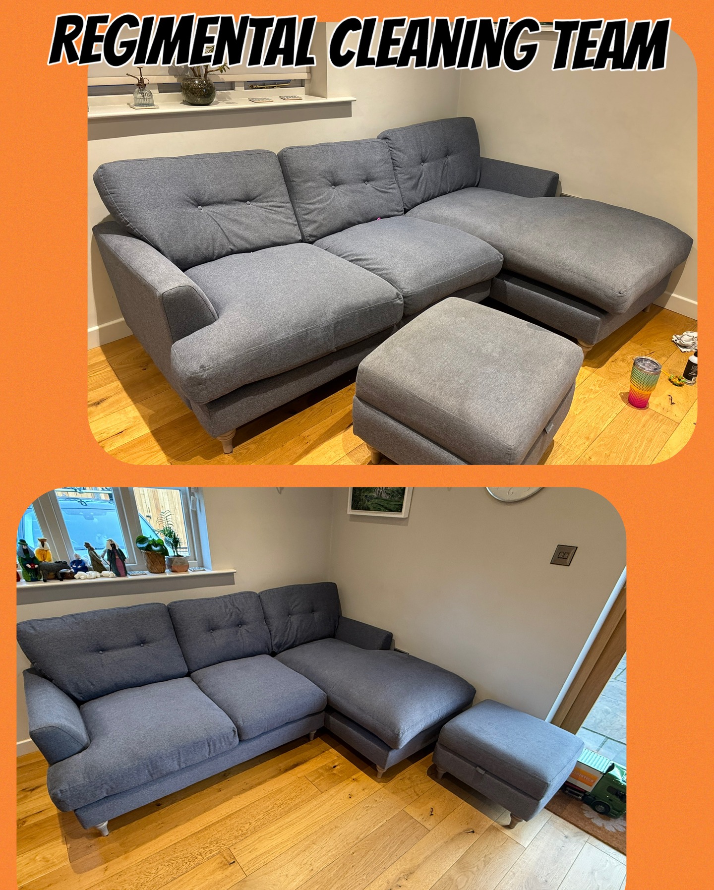 Grey corner sofa and footstool before and after cleaning