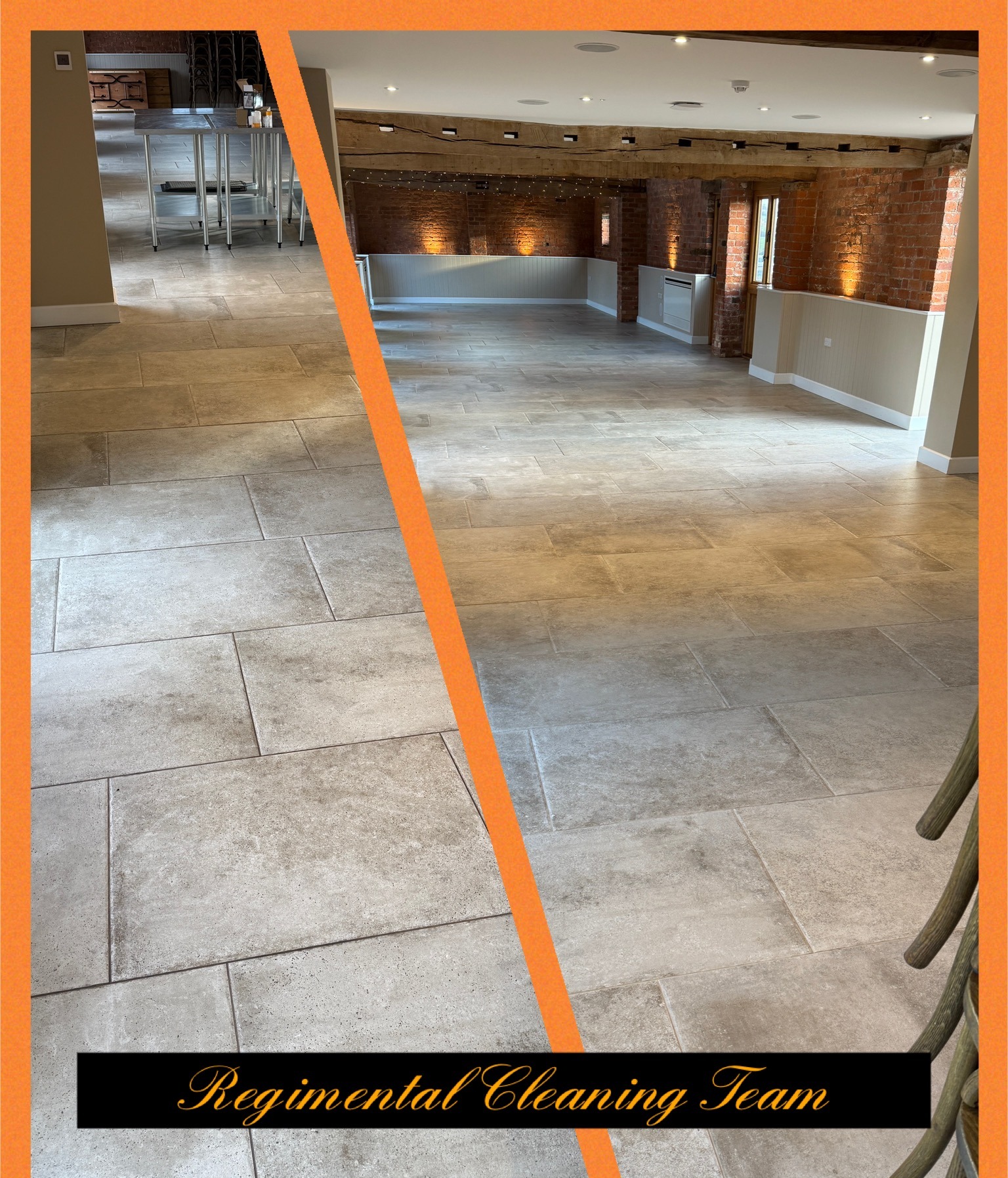 Large stone tiled floor, half cleaned, split diagonally