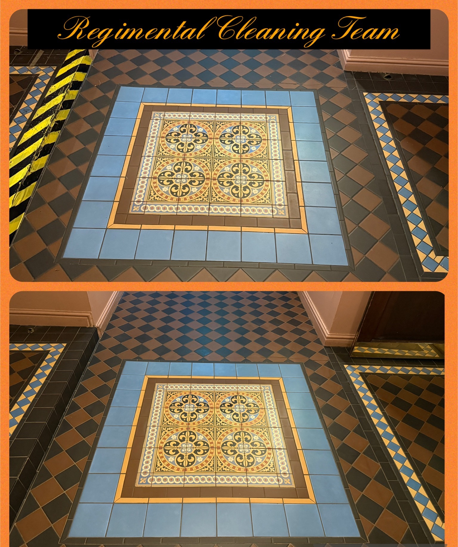 Victorian tiled hallway floor before (top) and after (bottom)