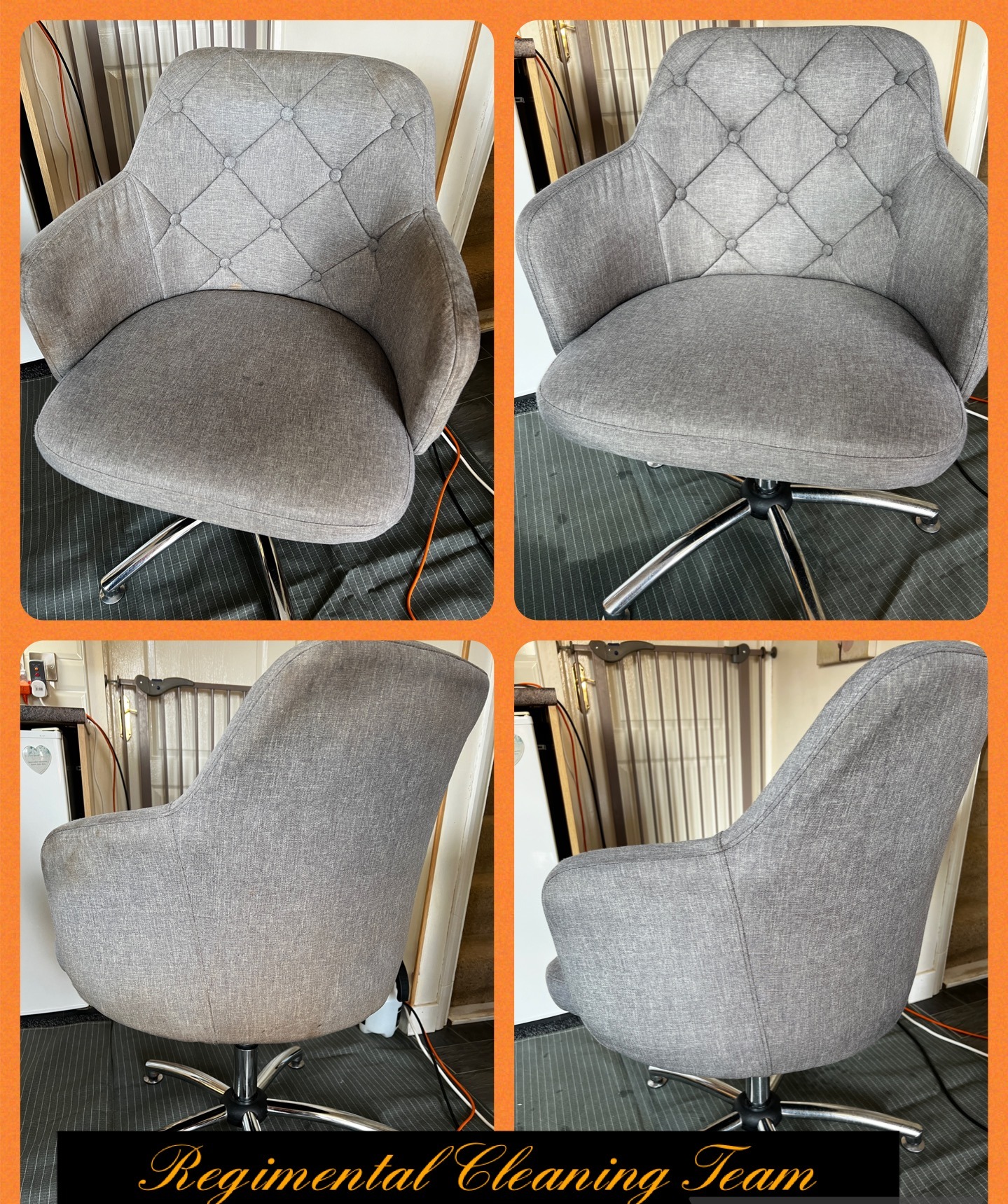 Two grey swivel chairs before and after cleaning