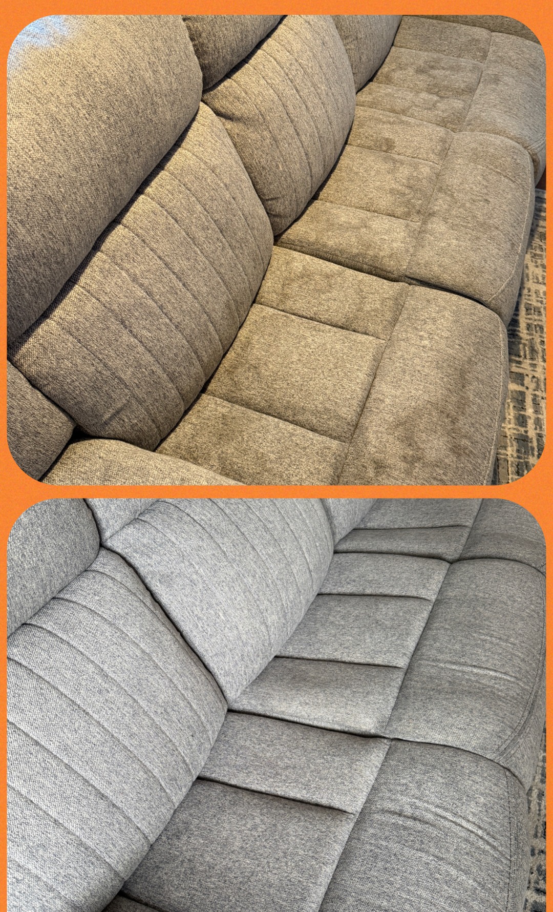 Grey fabric sofa before cleaning (top) and after (bottom)