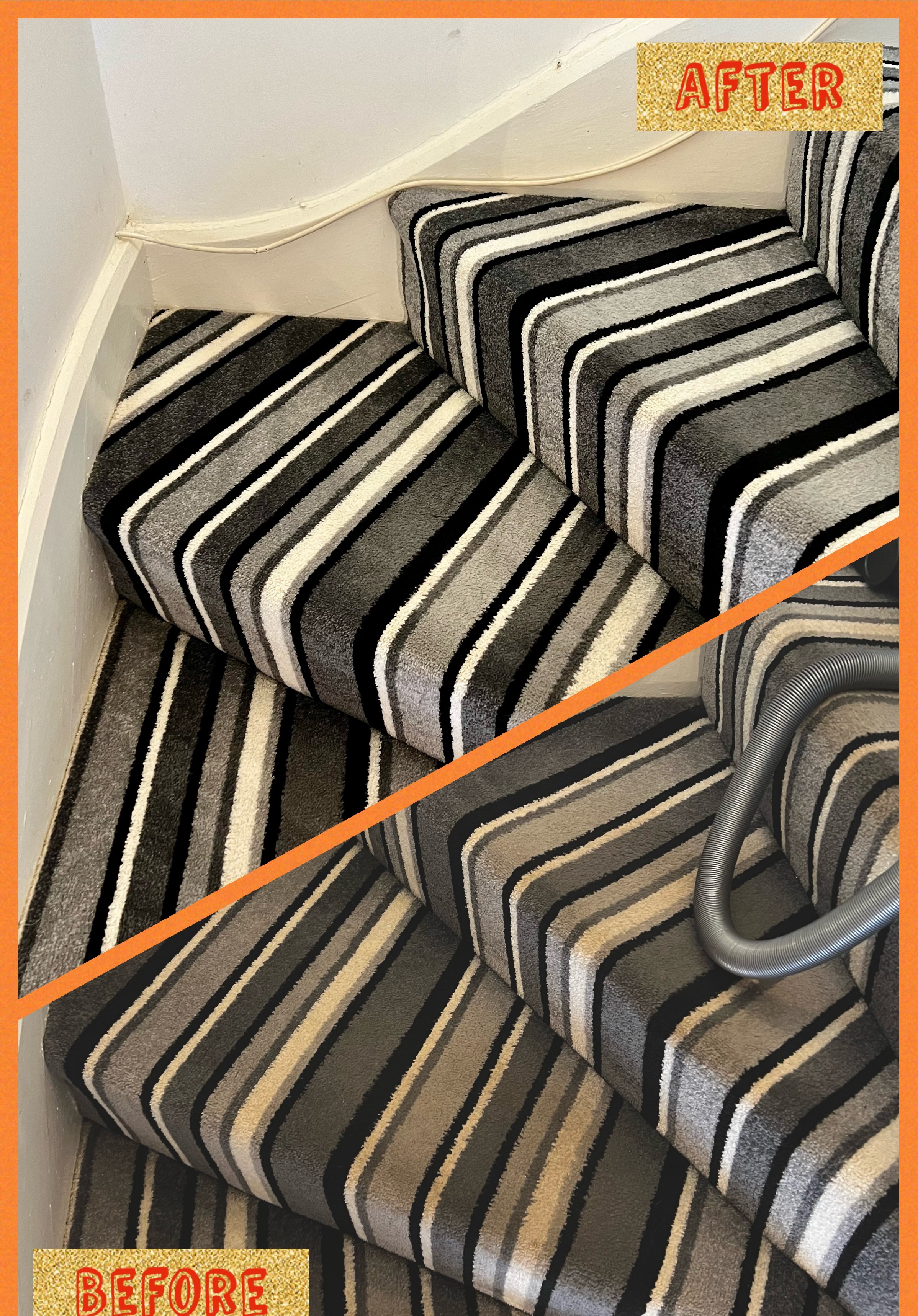 Striped stair carpet, after cleaning at the top and before at the bottom
